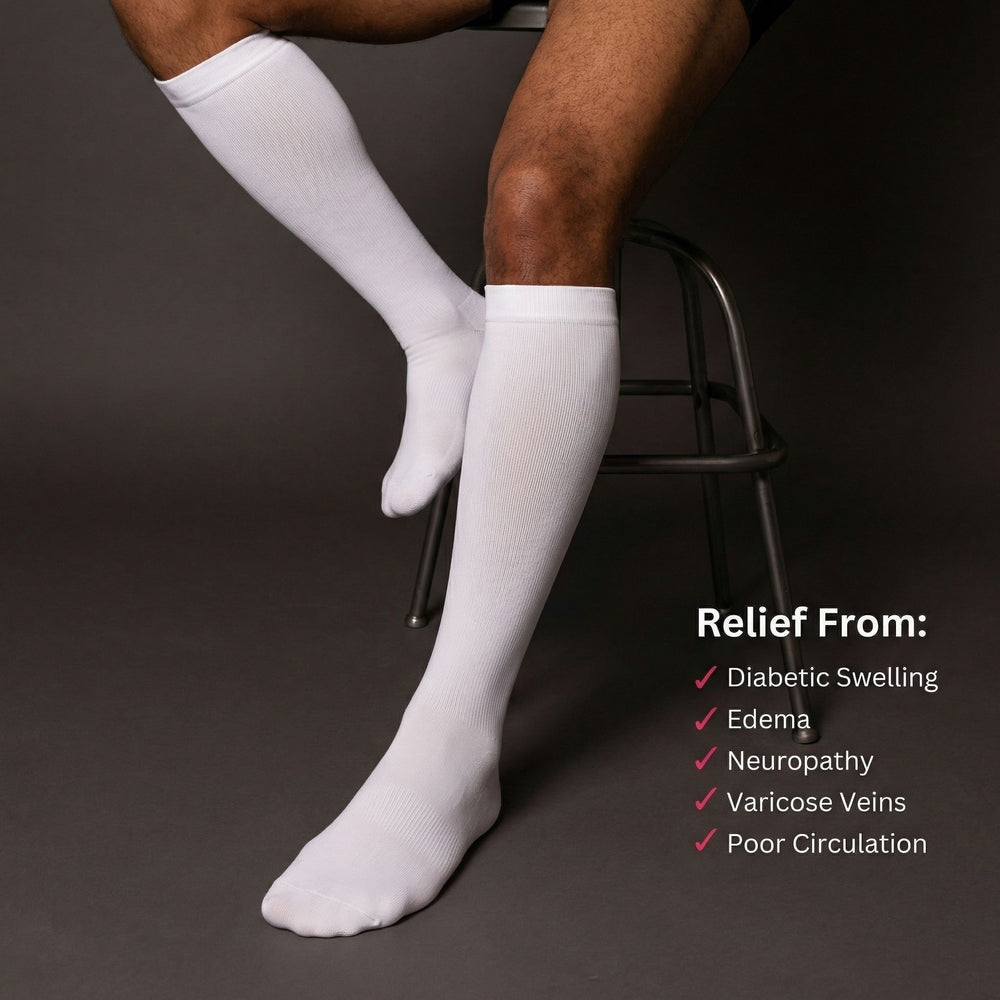 Person wearing white compression socks with text listing conditions they help alleviate on a dark background